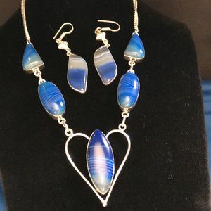 925 Sterling Silver Stamped Blue Lace Agate Gemstone Necklace + Earrings